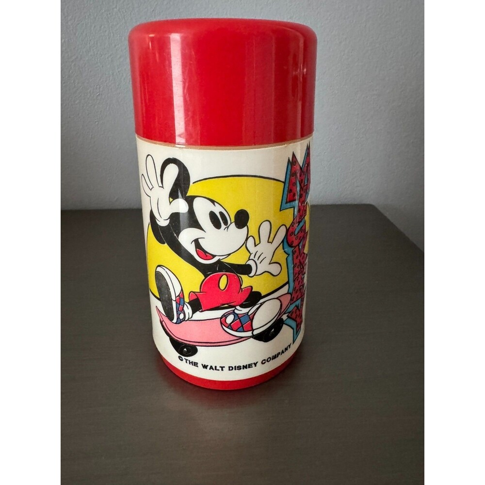 Vintage Aladdin Mickey Mouse Skateboard Thermos 8 Oz Disney Red Lunchbox 1980s